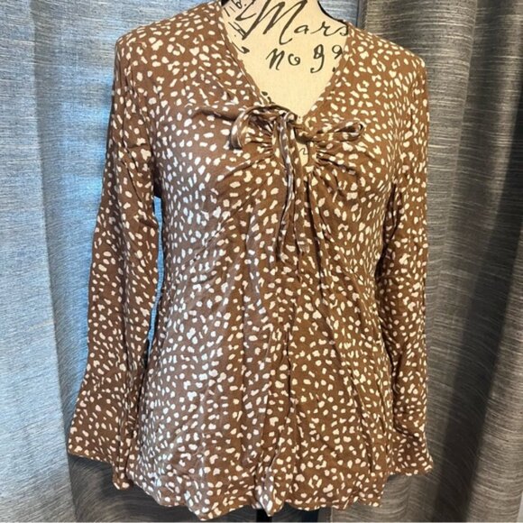 Maurices Light Brown Front Tie Abstract Polka Dot Blouse Long Bell Sleeve V-Neck - Picture 1 of 5